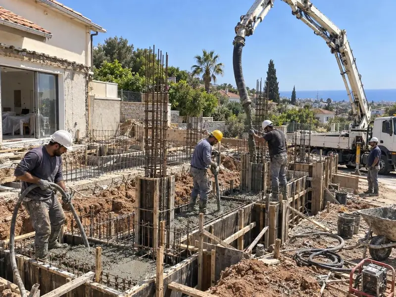 יציקת בטון ביסודות הרחבה לבית פרטי
